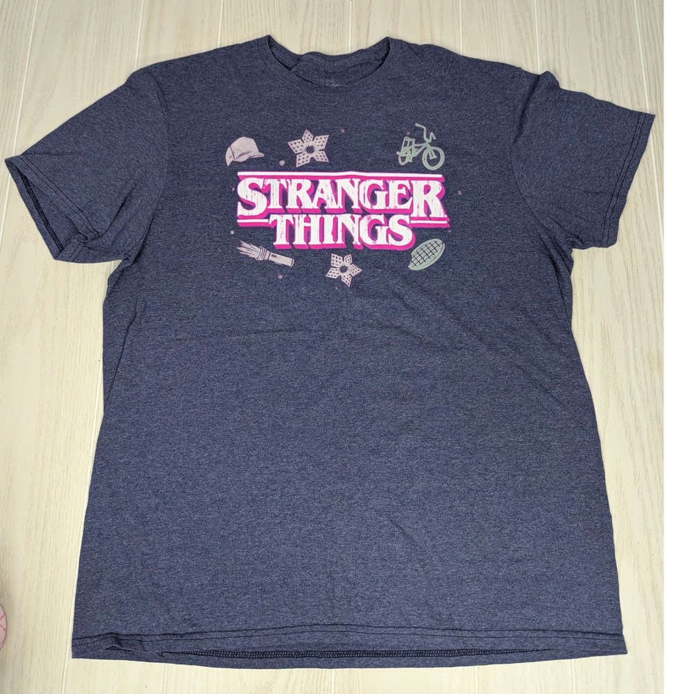 Stranger Things Netflix T-Shirt Large Heathered Blue Pink Logo Icons